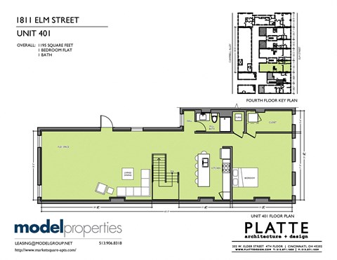 Floor plan for 1 bed, 1 bath, 1195 sqft